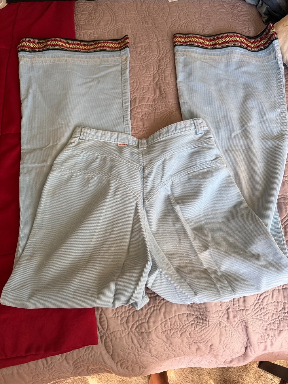 Vintage Dittos Light Blue corduroy Wide-Leg Jeans with Embroidered Cuff size 28 - Picture 4 of 8